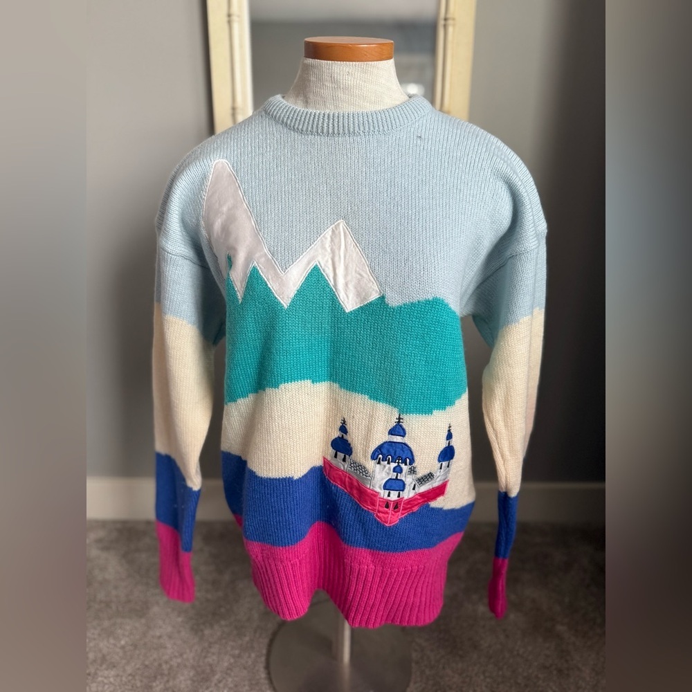 Vintage David Meister Mountain theme colorful 100% wool crewneck sweater medium